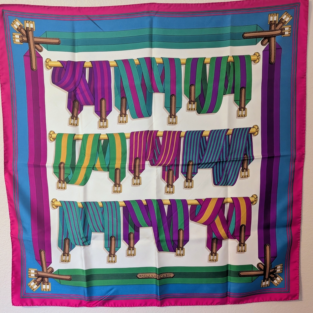NWOT Hermes Vibrant Silk Scarf with Pink and Green Accents